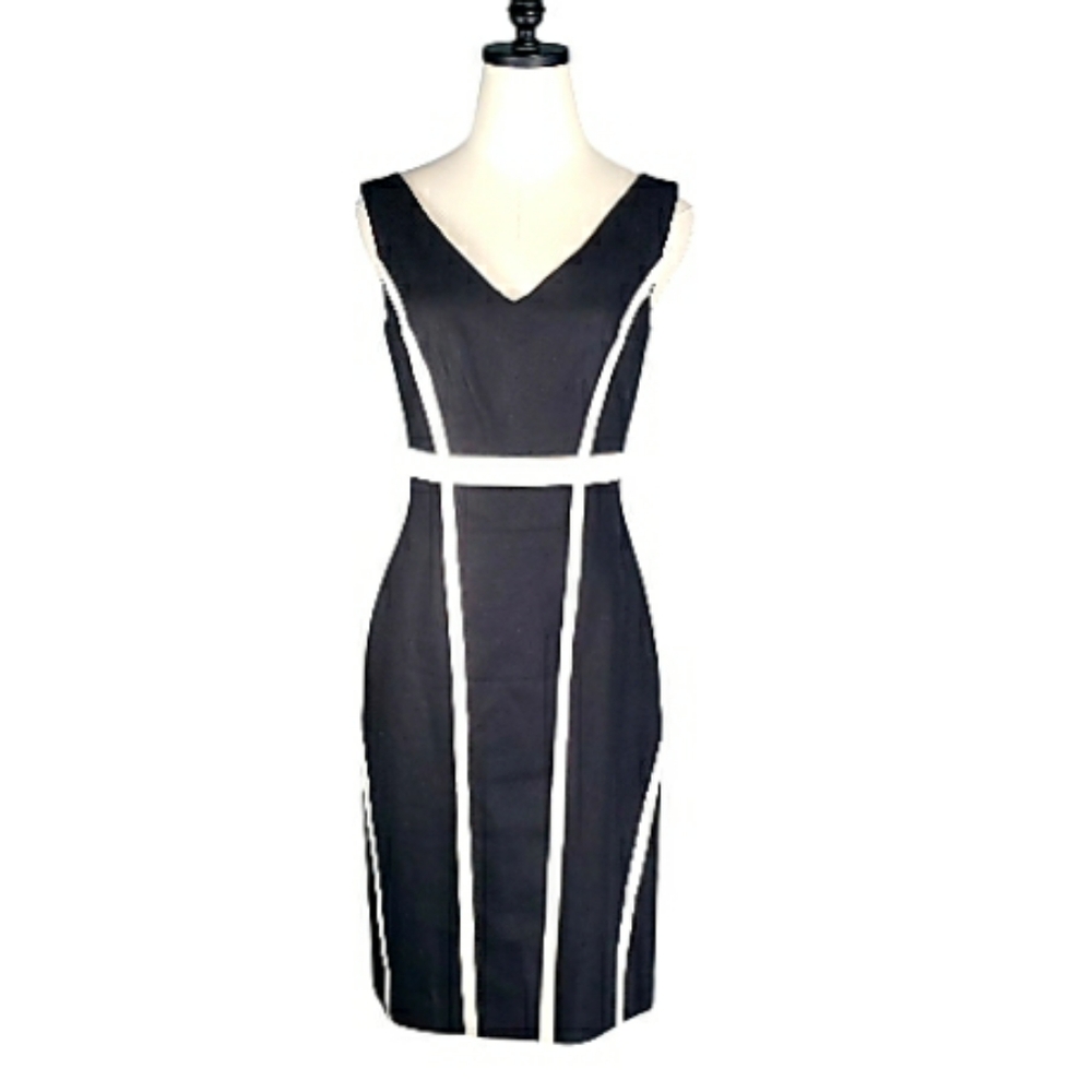David Meister Vintage Bold Contrast Sheath Cocktail Dress Linen Blend LBD Event